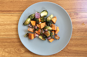 Roasted sweet potato and brussels